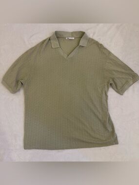 Zara Men's Sage Green Short-Sleeve Johnny Collar Polo Knit Shirt- MEDIUM